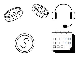 Coins representing money, headset for customer support, and calendar for scheduling. Ideal for financial planning, customer service, time management, communication, e-commerce, consulting simple