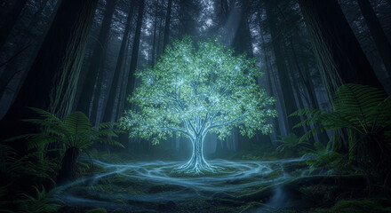 A luminous tree glows in a dark, mystical forest, surrounded by ancient trees and mist.