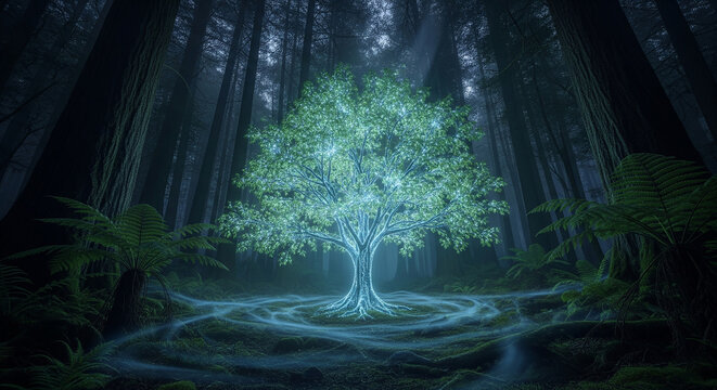 A luminous tree glows in a dark, mystical forest, surrounded by ancient trees and mist.