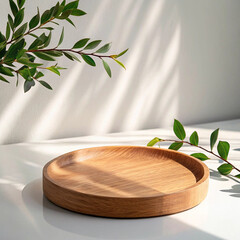 Minimalist Wooden Plate with Natural Greenery Shadow Play Photography Backdrop