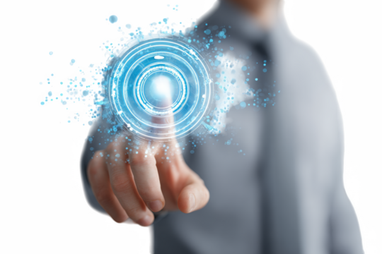 Human hand interacting with glowing futuristic digital interface