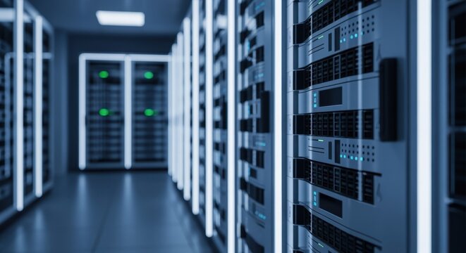 Dimly lit technology hallway showing rows of electronic data storage systems in a secure environment.