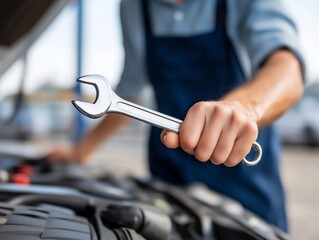 Mechanic's Precision: A skilled mechanic, hand holding a wrench, meticulously examines the open hood of a car, highlighting the art of automotive maintenance and repair.generative ai illustration