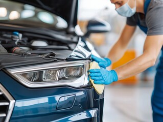 Car Service Technician at Work: A meticulous car service technician diligently cleans and inspects the headlight, showcasing professionalism, care.generative ai illustration