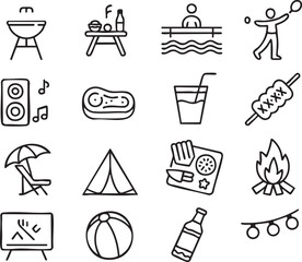 Collection of Summer Picnic and Camping Icons in a Line Style Featuring Food Activities and Outdoor Recreation Elements