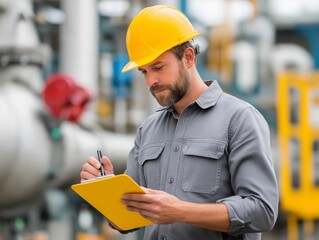  An engineer, donning a bright yellow hard hat, meticulously examines notes on a clipboard, framed by the backdrop of an industrial environment.generative ai illustration