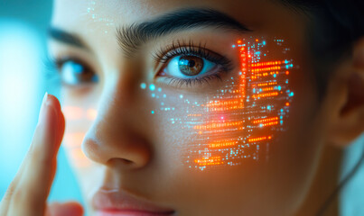 Close-up of young woman with digital facial interface and glowing orange biometric data overlay on cheek for identity recognition technology and AI concept
