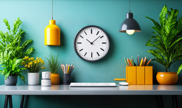 Modern workspace desk with plants pencils clock hanging lamps keyboard mouse minimalist office interior design with teal wall and yellow accents for productivity and creativity inspiration - Powered by Adobe