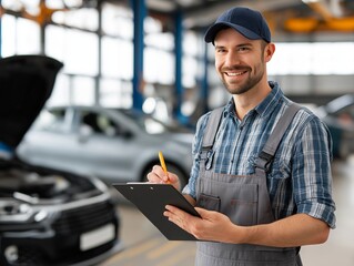 A mechanic with a friendly demeanor, meticulously documents details in the garage. Capturing the essence of service, expertise, and the core of an automotive workshop.generative ai illustration.