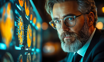 Focused mature businessman with glasses analyzing detailed data and brain scan visualizations on futuristic digital screen in office environment at night