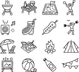 Monochrome Line Art Icons Representing Summer Outdoor Activities Such As Barbecues Swimming Camping And Games for Relaxation