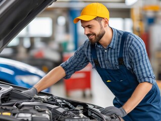 Master Mechanic: A skilled mechanic in work attire meticulously inspects the engine of a vehicle, his focused gaze reflecting expertise and dedication.generative ai illustration
