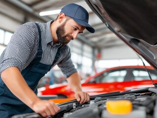  A skilled auto mechanic, focused and detail-oriented, works diligently under the open hood of a vehicle, embodying expertise in automotive maintenance.generative ai illustration