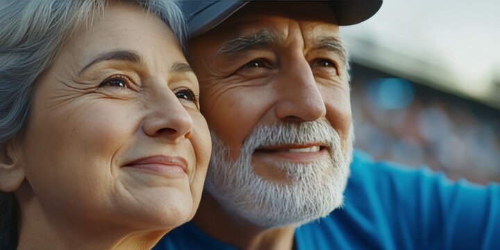 Elderly couple smiling and embracing at a sports event, conveying joy, love, and shared experiences.