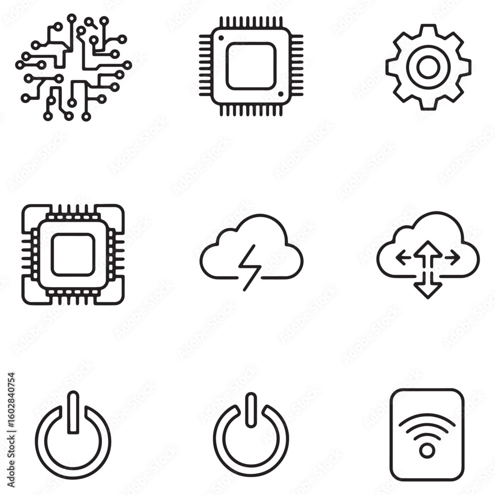 Aufkleber Collection of technology icons depicting circuitry cloud computing power and wireless connectivity