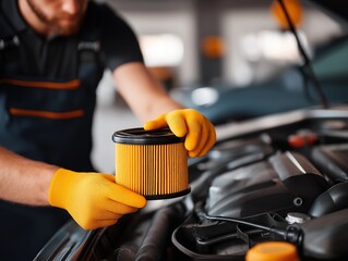 Mechanic's Expertise: A skilled mechanic, protected by bright gloves, expertly installs a new air filter within the intricate engine bay of a car.generative ai illustration