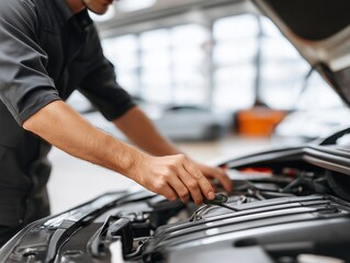 Automotive Mechanic in Action: A skilled mechanic delves into the intricate engine of a car, showcasing precision and expertise in a bustling garage environment.generative ai illustration