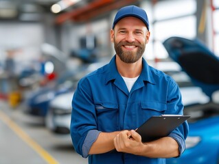 Smiling Mechanic in Workshop: A friendly and skilled mechanic stands confidently in a well-equipped auto repair shop, holding a clipboard.generative ai illustration