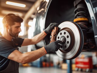  A focused mechanic, skillfully tending to a vehicle's intricate brake system. The image depicts dedication in every detail, showing care in the essential process.generative ai illustration