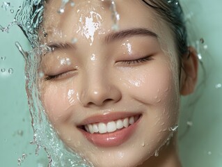 A woman's face is being washed with water droplets to cleanse her skin. She has a radiant smile on her face, indicating she enjoys the process and feels good about her skincare routine.