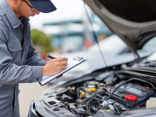 Car Inspection in Progress: A mechanic diligently inspects a vehicle's engine, taking notes and focusing on maintenance and automotive care. generative ai illustration