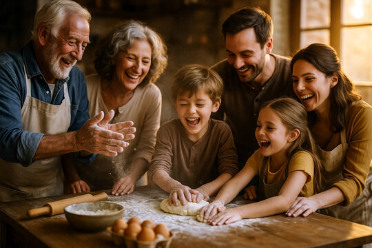 Happy Multigenerational Family Laughing Together While Preparing Dough In A Warm Rustic Kitchen
