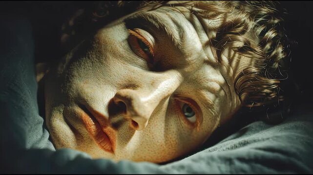 Alternate angle of a pale, lifeless boy lying in bed, emphasizing sagging skin and ghostly facial features