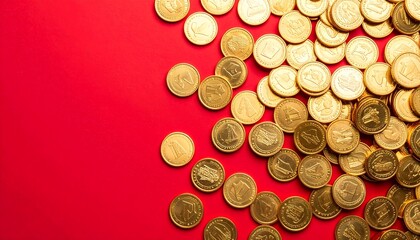 Golden coins scattered on a red surface