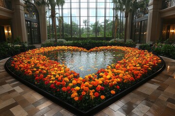 A heart-shaped pond surrounded by vibrant orange and yellow flowers in a bright indoor botanical garden with glass walls
