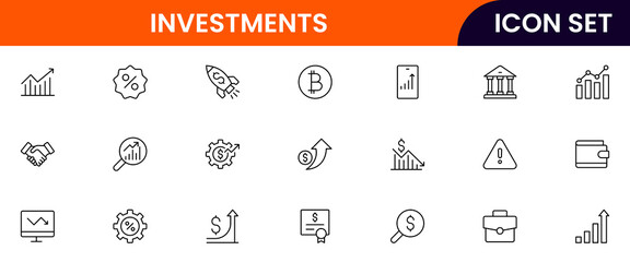 Investments vector line icons featuring stocks, graphs, portfolios, growth, returns, money, assets, finance apps, risk analysis, and savings.