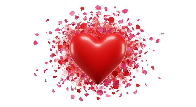 Red heart exploding with rose petals