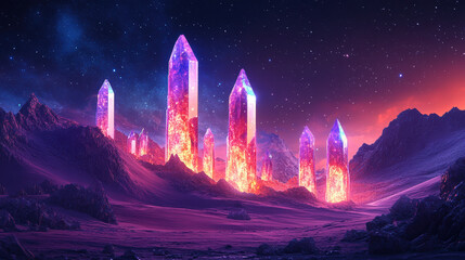 Fototapeta premium Glowing Crystal Structures in a Desert Landscape Under a Starry Night Sky