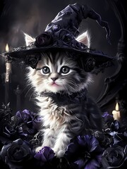 A cute fluffy kitten wearing gothic witch hat with dark roses and lace, surrounded by flowers, halloween themed, wallpaper, wallart, decoration, digital art print