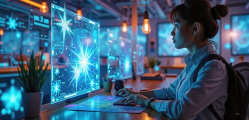 A focused woman engages with digital interfaces showcasing data visualization, symbolizing innovation in technology and data analysis in a modern workspace.
