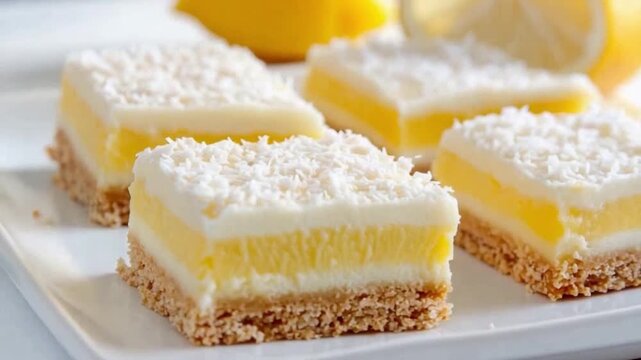 Lemon Bars: A close-up shot showcases the bright and zesty lemon bars, tempting with their inviting layers of tart lemon curd and buttery shortbread crust, topped with a delicate dusting of coconut.