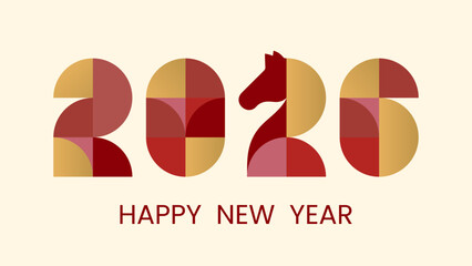 Abstract geometric background, postcard with Chinese New Year 2026. Numbers and silhouette of horse made of simple shapes in retro style in red, yellow and gold. Vector EPS10