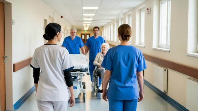 Two nurses walk down a hospital hallway escorting a patient in a wheelchair accompanied by two doctors pushing a stretcher