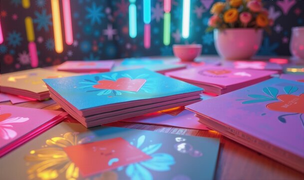 A vibrant collection of colorful love-themed greeting cards amid bright neon lights, perfect for celebrating special occasions.