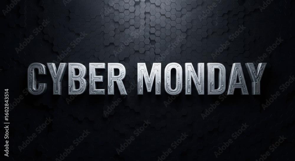 Poster Cyber Monday metallic text with circuit board pattern on dark hexagonal background silver