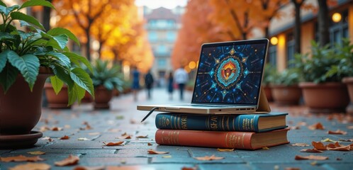 A laptop rests on books amidst vibrant autumn leaves, blending education and technology in a serene outdoor setting, ideal for creatives and students alike.