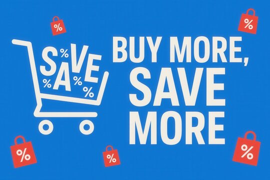 Promotional graphic featuring a shopping cart with "SAVE" and percentage symbols, alongside "BUY MORE, SAVE MORE" text on a blue background, with red percentage tag icons.