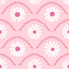 Beautiful seamless raster pattern featuring charming white daisies on a soft pink background. This cute floral illustration is ideal for textiles, wallpapers, stationery designs, home decor, fashion