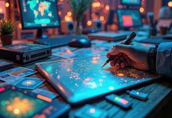 A creative workspace showcasing digital design with glowing screens, charts, and an artist's hand sketching, ideal for technology and innovation themes.