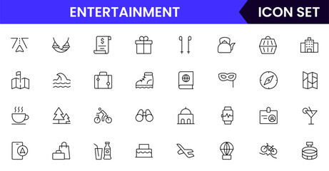 Entertainment vector line icons featuring music, games, books, movies, instruments, painting, photography, theater, and creative activities.