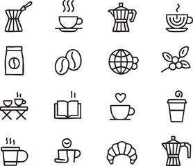 Collection of Coffee Related Line Icons Featuring Coffee Beans Cups Moka Pots and Croissants for Beverage Concepts