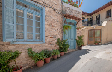 Narrow streets and stone houses views in Pano Lefkara traditional, colorful, and picturesque mountainous village, Larnaka region, Cyprus