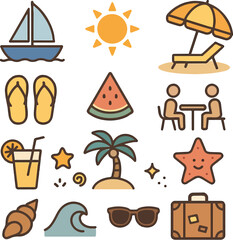 Colorful Summer Vacation Icon Set Featuring Beach Elements, Umbrella, Swimsuit, Palm Trees, and Sun for Travel and Tourism Design

