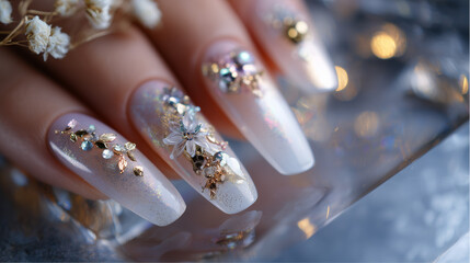 Close up of a hand with long decorated nails and a blurred background bokeh