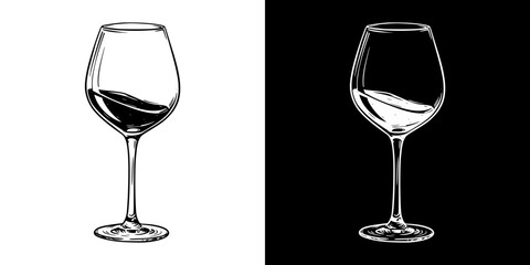 Isolated vector image of a wine glass, two design variants - on transparent and black backgrounds, chalk drawing
