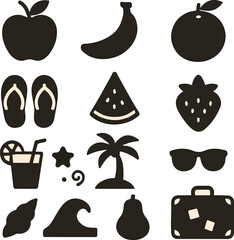 Vector Fruit Icon Set Featuring Minimal Illustrations of Apple, Watermelon, Pear, Grapes, and Berries for Nutrition and Food Design

